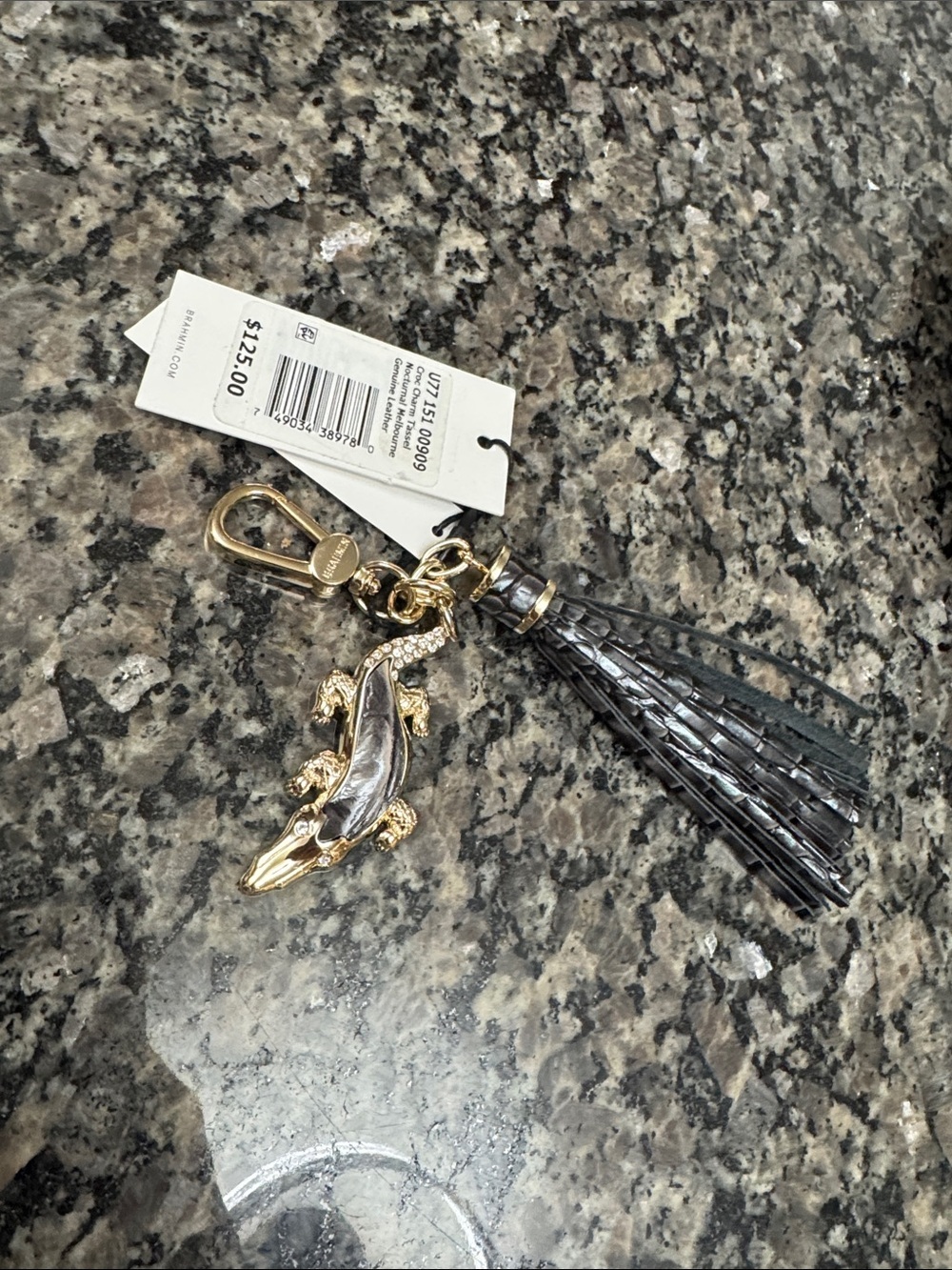 Brahmin Black leather gold Metallic Tassel Croc Charm Keychain bag charm NWT - Picture 8 of 11